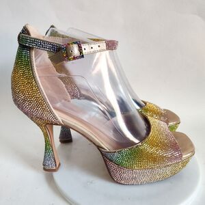 Sparkly Rhinestones Pumps Platform Flare Heels 7.5 Sexy Pastel Rainbow Open Toe